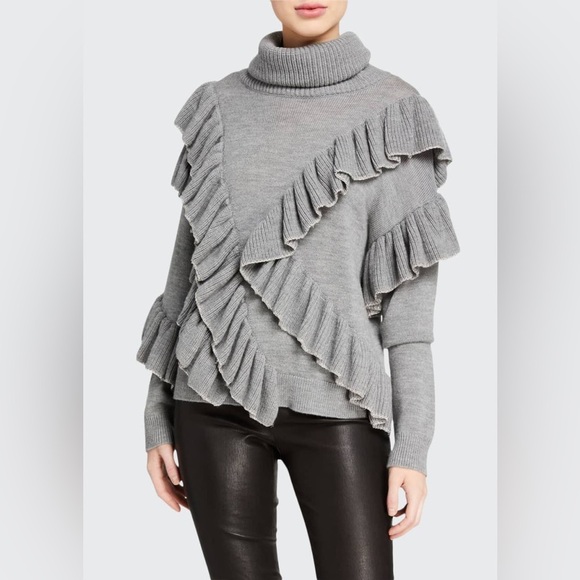 Alice + Olivia Sweaters - Alice + Olivia Grey Libbie Ruffled Pullover Sweater